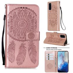 Embossing Dream Catcher Mandala Flower Leather Wallet Case for Samsung Galaxy S20 - Rose Gold