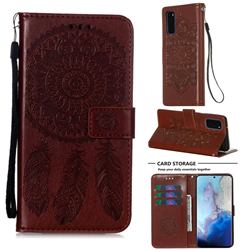 Embossing Dream Catcher Mandala Flower Leather Wallet Case for Samsung Galaxy S20 - Brown