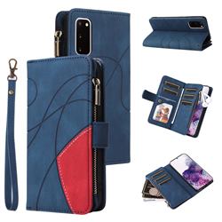 Luxury Two-color Stitching Multi-function Zipper Leather Wallet Case Cover for Samsung Galaxy S20 - Blue