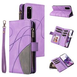 Luxury Two-color Stitching Multi-function Zipper Leather Wallet Case Cover for Samsung Galaxy S20 - Purple