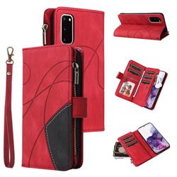 Luxury Two-color Stitching Multi-function Zipper Leather Wallet Case Cover for Samsung Galaxy S20 - Red