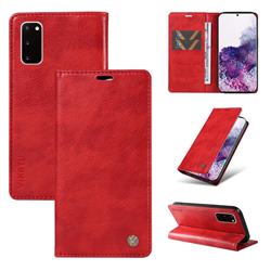 YIKATU Litchi Card Magnetic Automatic Suction Leather Flip Cover for Samsung Galaxy S20 - Bright Red