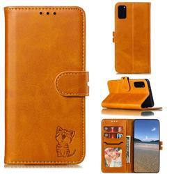 Embossing Happy Cat Leather Wallet Case for Samsung Galaxy S20 FE / S20 Lite - Yellow