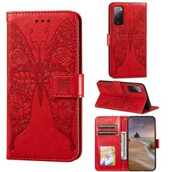 Intricate Embossing Rose Flower Butterfly Leather Wallet Case for Samsung Galaxy S20 FE / S20 Lite - Red
