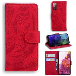Intricate Embossing Tiger Face Leather Wallet Case for Samsung Galaxy S20 FE / S20 Lite - Red