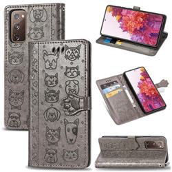 Embossing Dog Paw Kitten and Puppy Leather Wallet Case for Samsung Galaxy S20 FE / S20 Lite - Gray