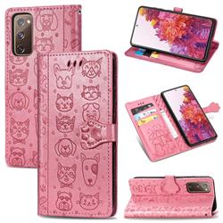 Embossing Dog Paw Kitten and Puppy Leather Wallet Case for Samsung Galaxy S20 FE / S20 Lite - Pink