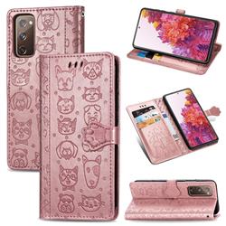 Embossing Dog Paw Kitten and Puppy Leather Wallet Case for Samsung Galaxy S20 FE / S20 Lite - Rose Gold