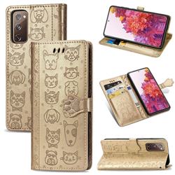 Embossing Dog Paw Kitten and Puppy Leather Wallet Case for Samsung Galaxy S20 FE / S20 Lite - Champagne Gold