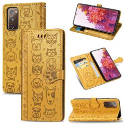 Embossing Dog Paw Kitten and Puppy Leather Wallet Case for Samsung Galaxy S20 FE / S20 Lite - Yellow