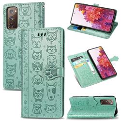 Embossing Dog Paw Kitten and Puppy Leather Wallet Case for Samsung Galaxy S20 FE / S20 Lite - Green