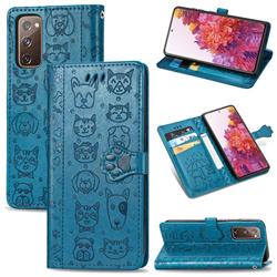 Embossing Dog Paw Kitten and Puppy Leather Wallet Case for Samsung Galaxy S20 FE / S20 Lite - Blue