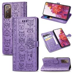 Embossing Dog Paw Kitten and Puppy Leather Wallet Case for Samsung Galaxy S20 FE / S20 Lite - Purple