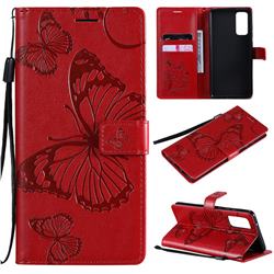 Embossing 3D Butterfly Leather Wallet Case for Samsung Galaxy S20 FE / S20 Lite - Red