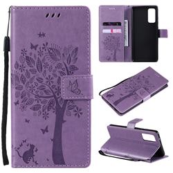 Embossing Butterfly Tree Leather Wallet Case for Samsung Galaxy S20 FE / S20 Lite - Violet