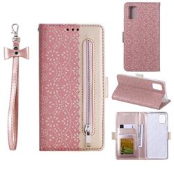 Luxury Lace Zipper Stitching Leather Phone Wallet Case for Samsung Galaxy S20 FE / S20 Lite - Pink