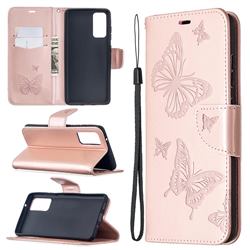 Embossing Double Butterfly Leather Wallet Case for Samsung Galaxy S20 FE / S20 Lite - Rose Gold