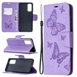 Embossing Double Butterfly Leather Wallet Case for Samsung Galaxy S20 FE / S20 Lite - Purple