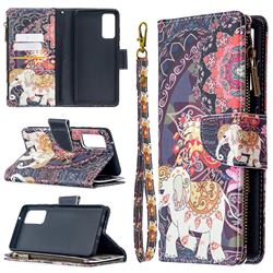 Totem Flower Elephant Binfen Color BF03 Retro Zipper Leather Wallet Phone Case for Samsung Galaxy S20 FE / S20 Lite