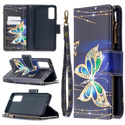 Golden Shining Butterfly Binfen Color BF03 Retro Zipper Leather Wallet Phone Case for Samsung Galaxy S20 FE / S20 Lite