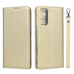 Ultra Slim Magnetic Automatic Suction Silk Lanyard Leather Flip Cover for Samsung Galaxy S20 FE / S20 Lite - Golden