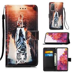 Cat and Tiger Matte Leather Wallet Phone Case for Samsung Galaxy S20 FE / S20 Lite