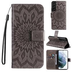 Embossing Sunflower Leather Wallet Case for Samsung Galaxy S22 - Gray