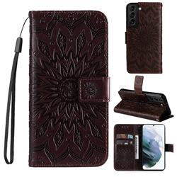Embossing Sunflower Leather Wallet Case for Samsung Galaxy S22 - Brown