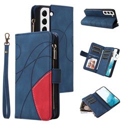 Luxury Two-color Stitching Multi-function Zipper Leather Wallet Case Cover for Samsung Galaxy S22 - Blue