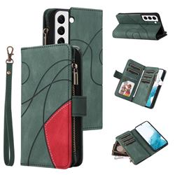 Luxury Two-color Stitching Multi-function Zipper Leather Wallet Case Cover for Samsung Galaxy S22 - Green