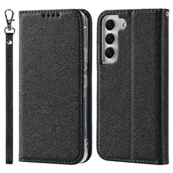 Ultra Slim Magnetic Automatic Suction Silk Lanyard Leather Flip Cover for Samsung Galaxy S22 - Black