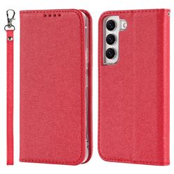 Ultra Slim Magnetic Automatic Suction Silk Lanyard Leather Flip Cover for Samsung Galaxy S22 - Red