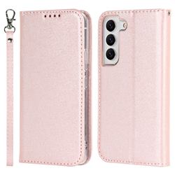 Ultra Slim Magnetic Automatic Suction Silk Lanyard Leather Flip Cover for Samsung Galaxy S22 - Rose Gold