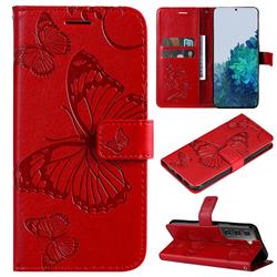 Embossing 3D Butterfly Leather Wallet Case for Samsung Galaxy S22 - Red