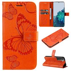 Embossing 3D Butterfly Leather Wallet Case for Samsung Galaxy S22 - Orange