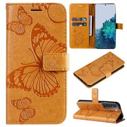 Embossing 3D Butterfly Leather Wallet Case for Samsung Galaxy S22 - Yellow