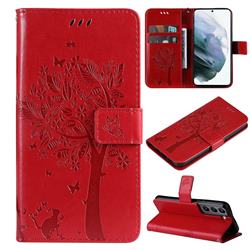Embossing Butterfly Tree Leather Wallet Case for Samsung Galaxy S22 - Red