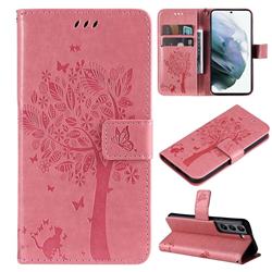 Embossing Butterfly Tree Leather Wallet Case for Samsung Galaxy S22 - Pink