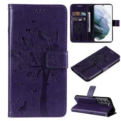 Embossing Butterfly Tree Leather Wallet Case for Samsung Galaxy S22 - Purple