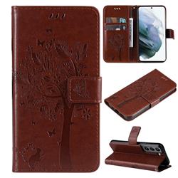 Embossing Butterfly Tree Leather Wallet Case for Samsung Galaxy S22 - Coffee