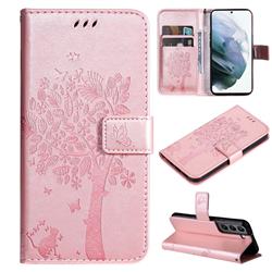 Embossing Butterfly Tree Leather Wallet Case for Samsung Galaxy S22 - Rose Pink