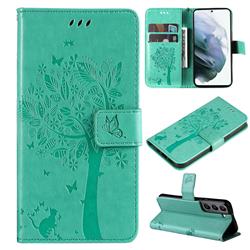 Embossing Butterfly Tree Leather Wallet Case for Samsung Galaxy S22 - Cyan