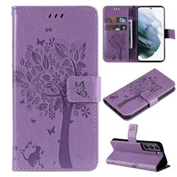 Embossing Butterfly Tree Leather Wallet Case for Samsung Galaxy S22 - Violet