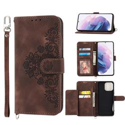 Skin Feel Embossed Lace Flower Multiple Card Slots Leather Wallet Phone Case for Samsung Galaxy S22 - Brown