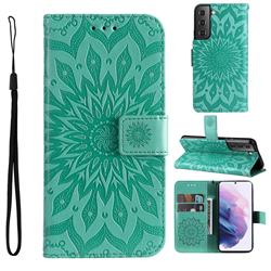 Embossing Sunflower Leather Wallet Case for Samsung Galaxy S22 Plus (S22 Pro) - Green