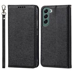 Ultra Slim Magnetic Automatic Suction Silk Lanyard Leather Flip Cover for Samsung Galaxy S22 Plus (S22 Pro) - Black
