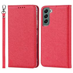 Ultra Slim Magnetic Automatic Suction Silk Lanyard Leather Flip Cover for Samsung Galaxy S22 Plus (S22 Pro) - Red