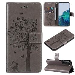 Embossing Butterfly Tree Leather Wallet Case for Samsung Galaxy S22 Plus (S22 Pro) - Grey