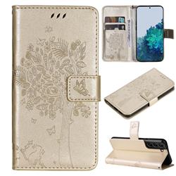 Embossing Butterfly Tree Leather Wallet Case for Samsung Galaxy S22 Plus (S22 Pro) - Champagne