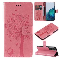 Embossing Butterfly Tree Leather Wallet Case for Samsung Galaxy S22 Plus (S22 Pro) - Pink